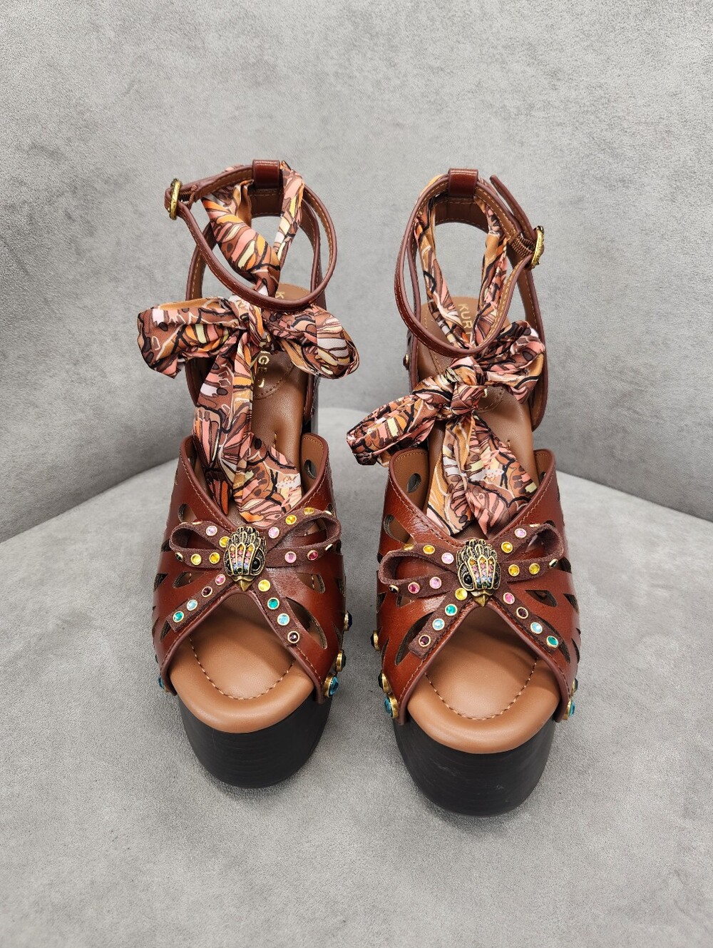 Kurt Geiger Butterfly Sandals 10 Brown Leather Platform Ankle Strap New $260